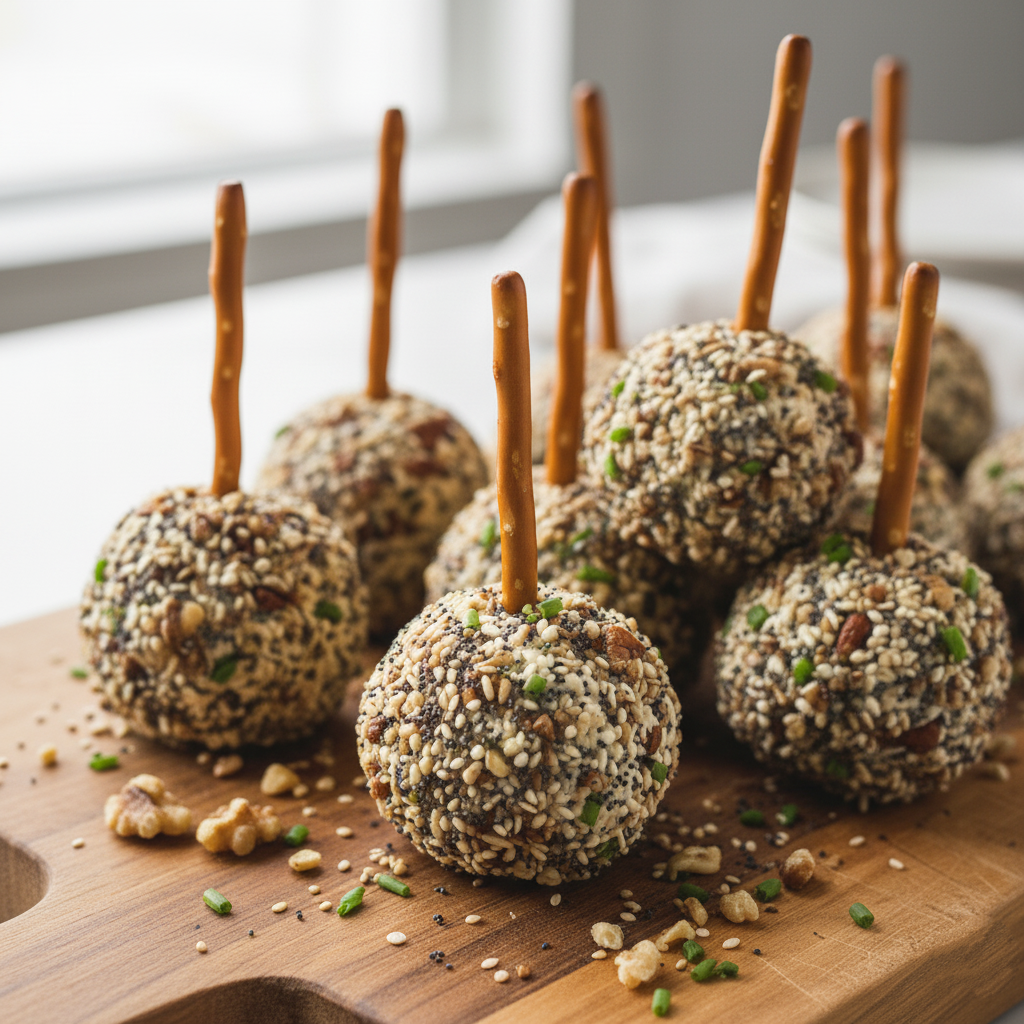 Wholesome Herb & Nut Cheese Spheres arranged on a platter with pretzel stick handles.