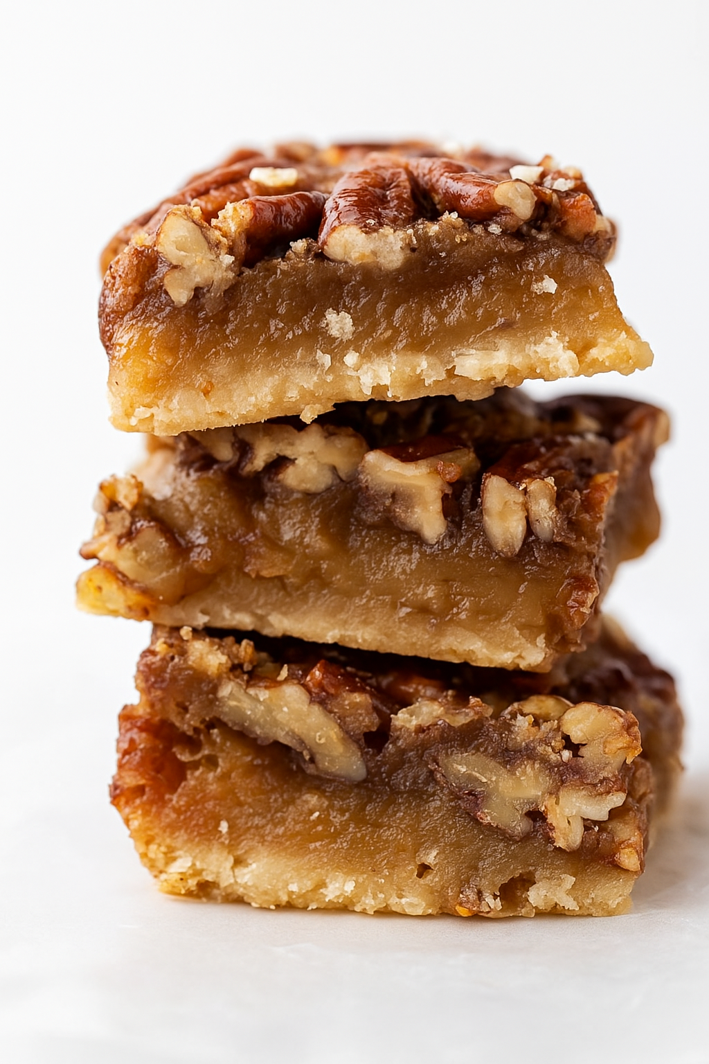 Healthy pecan pie bars on white parchment paper with golden pecan topping and gooey maple filling wholesome fall dessert.