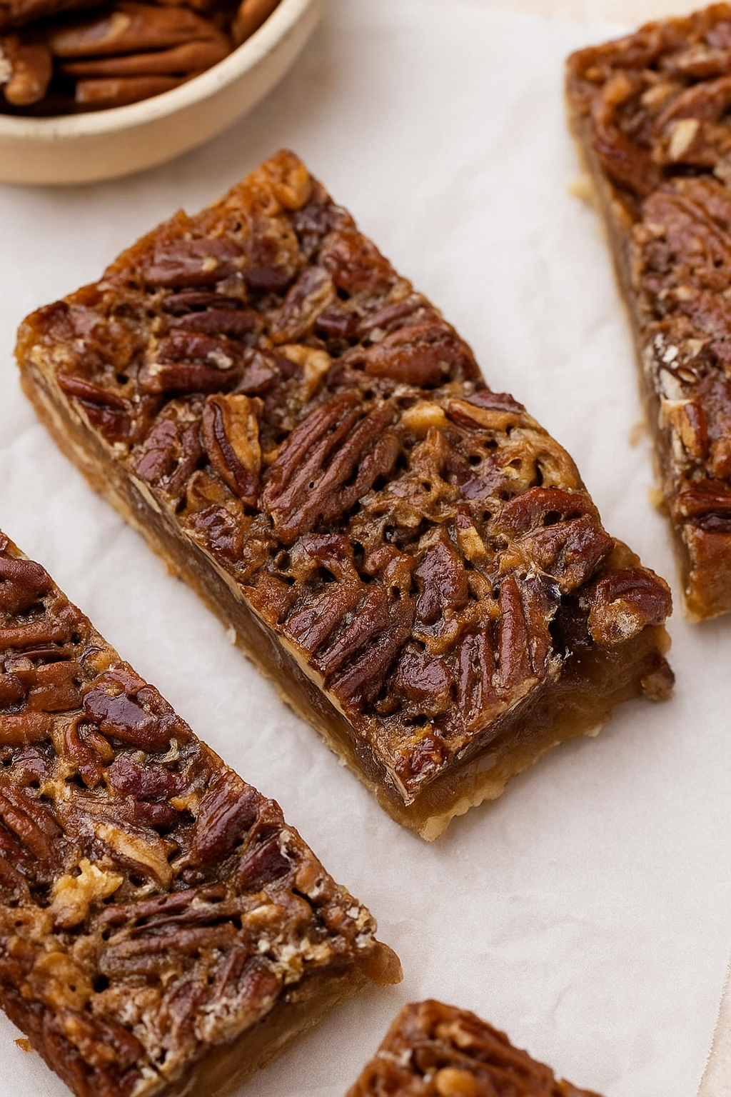 Overhead view of healthy pecan pie bars on a milk-colored plate with a white parchment background for a clean, cozy look.