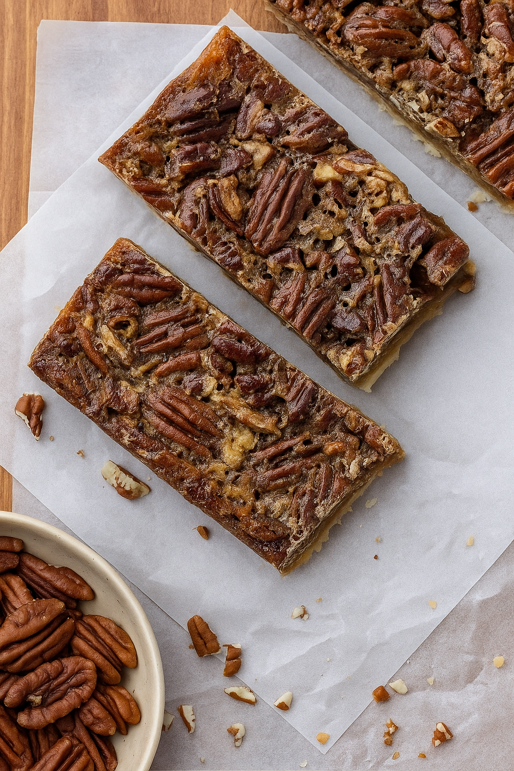 Close-up of a sliced healthy pecan pie bar showing the rich nutty topping and soft almond flour crust.