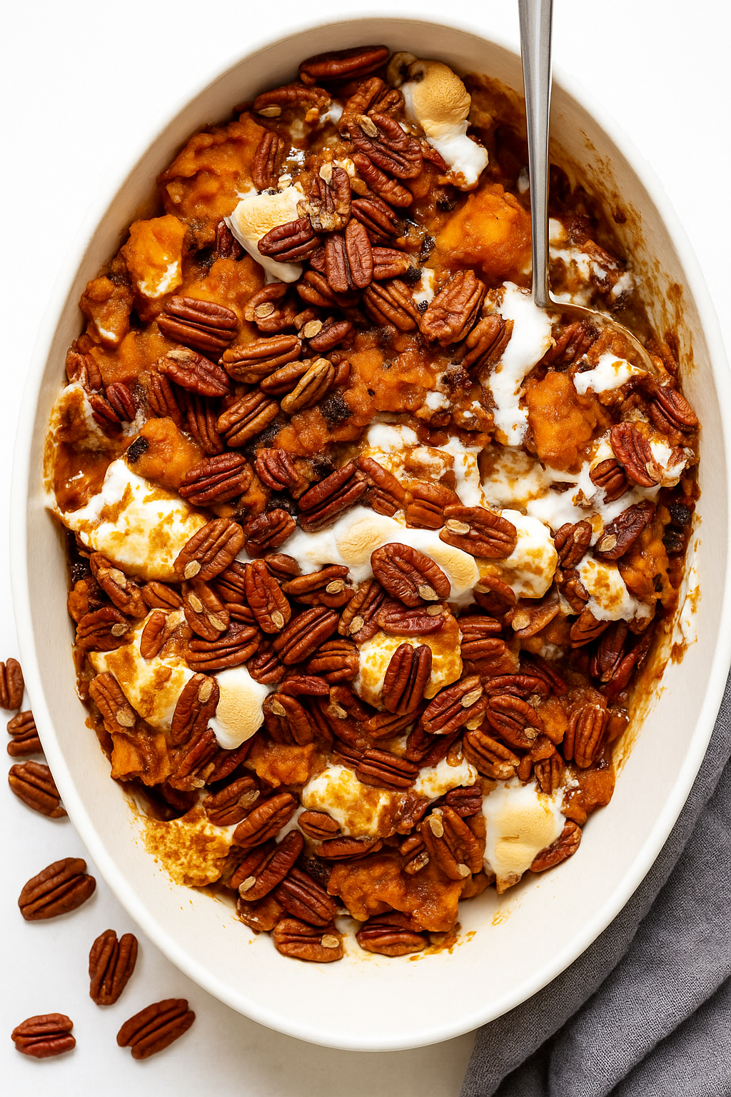 Close-up spoonful showing creamy sweet potato filling and toasted pecans.