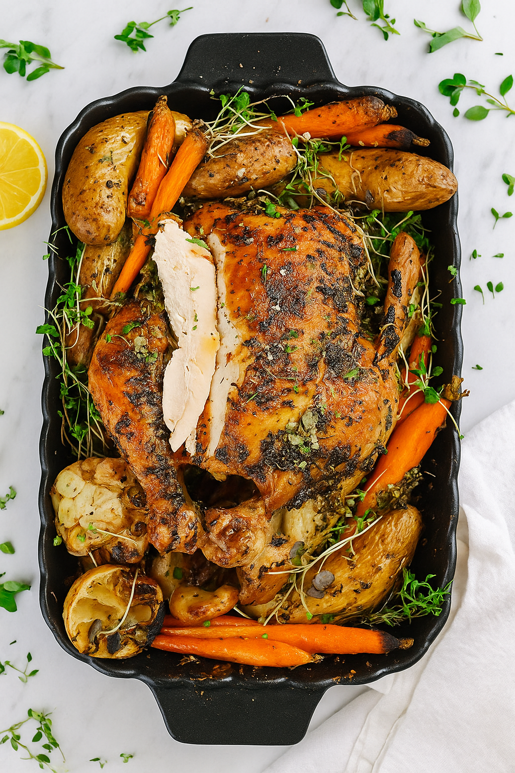 Golden roasted whole chicken with crispy skin, surrounded by carrots and baby potatoes on a white ceramic table.