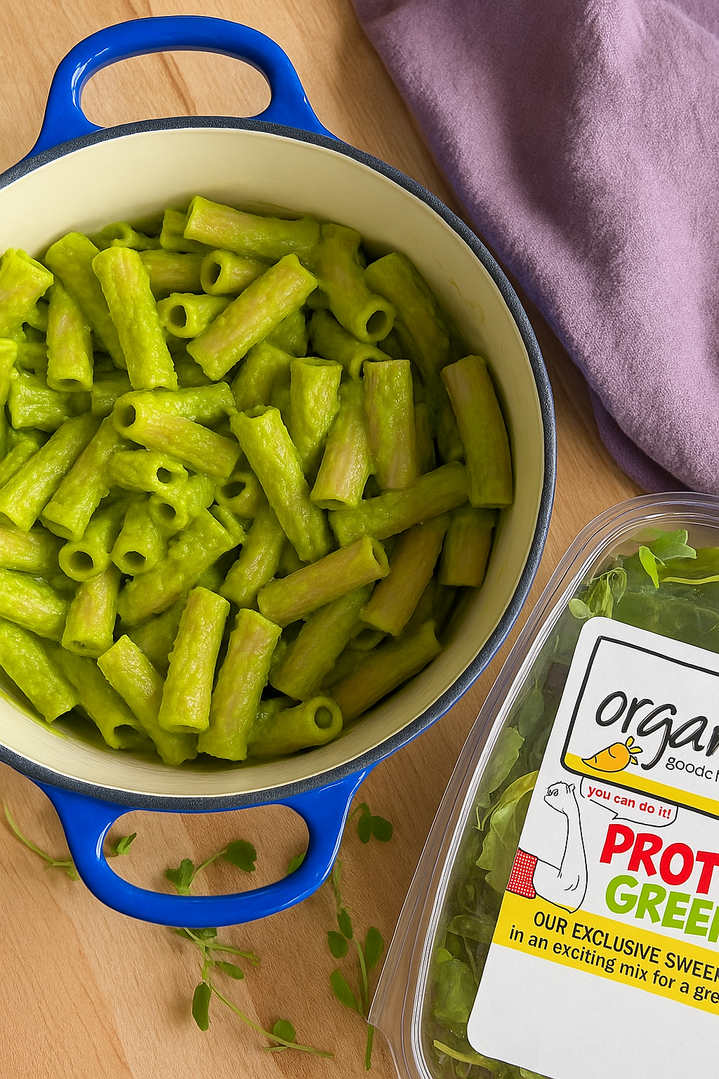 A blue enamel pot holding vibrant green high protein pesto pasta, made with chickpea pasta and spinach yogurt sauce, placed on a wooden table with a lavender napkin and bright natural lighting.