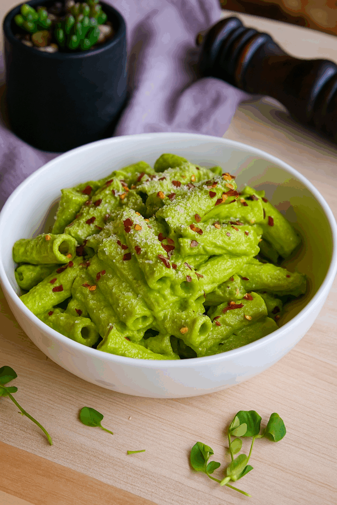 A close-up of green high protein pasta in a white bowl topped with parmesan and microgreens, placed on a wooden surface with minimal props and a cozy, natural kitchen setting.