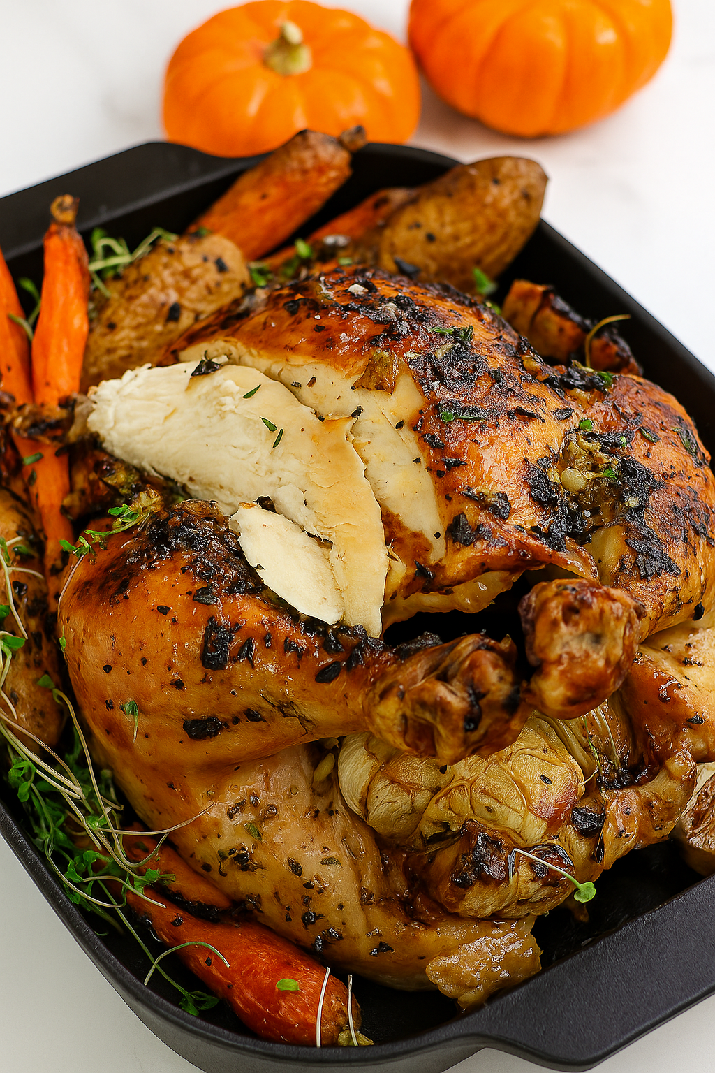 Close-up of juicy lemon herb roasted chicken with fresh rosemary and garlic, glistening with butter and citrus glaze.