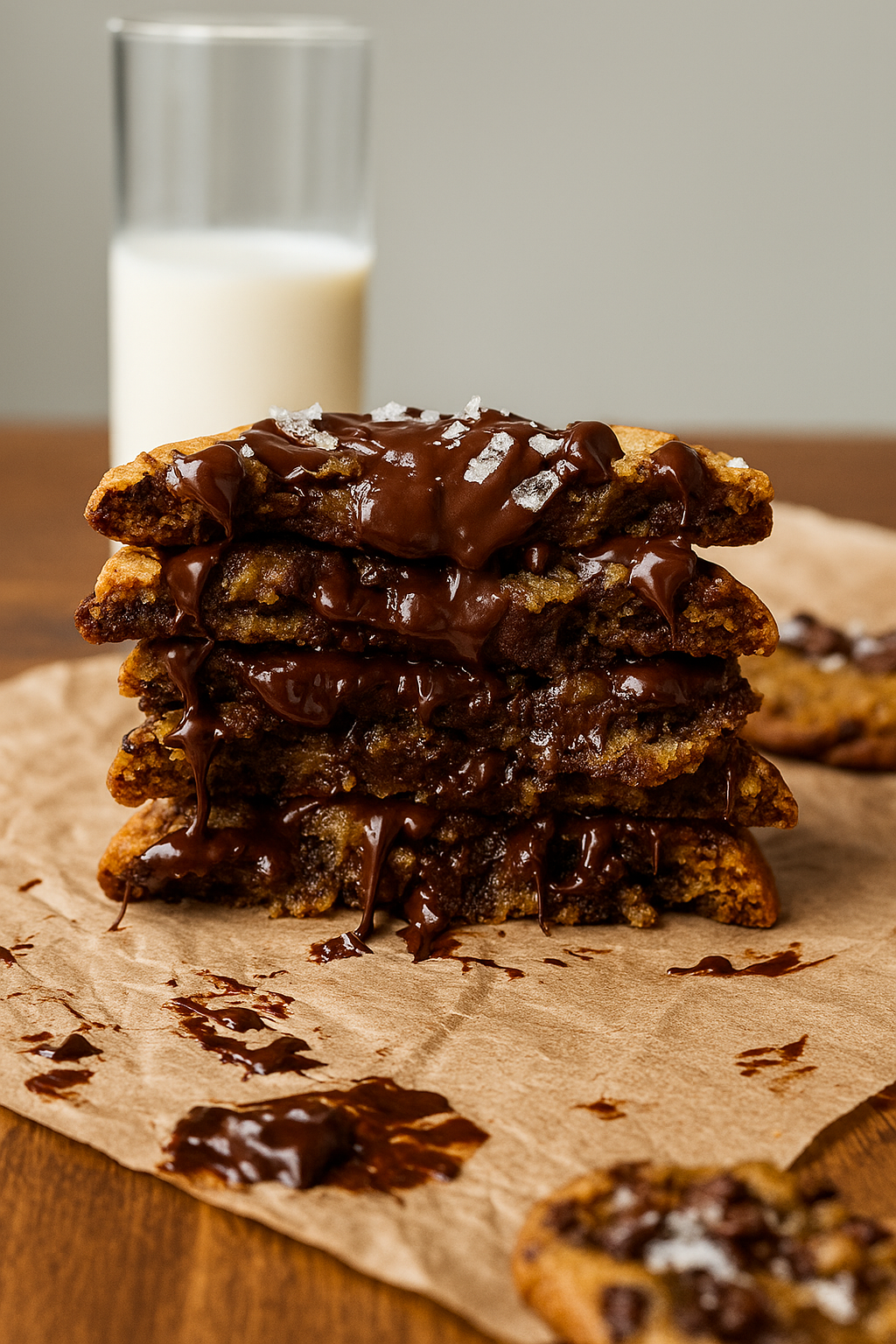 Stack of clean brown butter pumpkin chocolate chip cookies on a white ceramic plate, with melty dark chocolate and flaky sea salt on top.