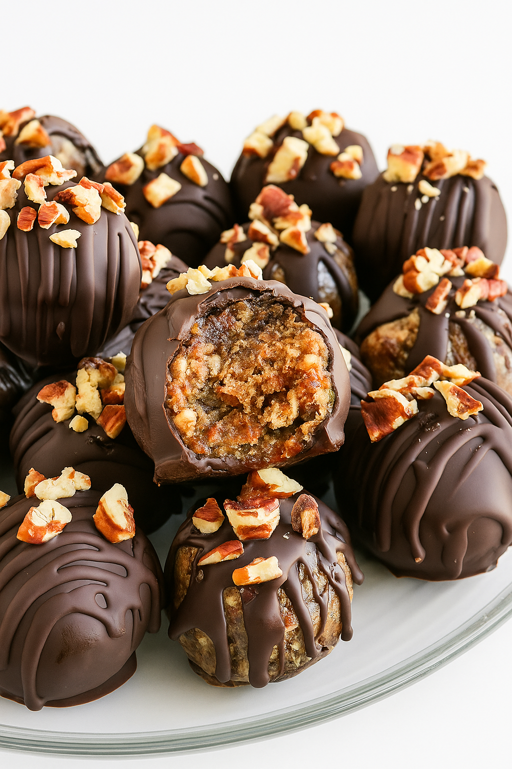 Pecan pie truffles stacked on a glass plate with one half bite