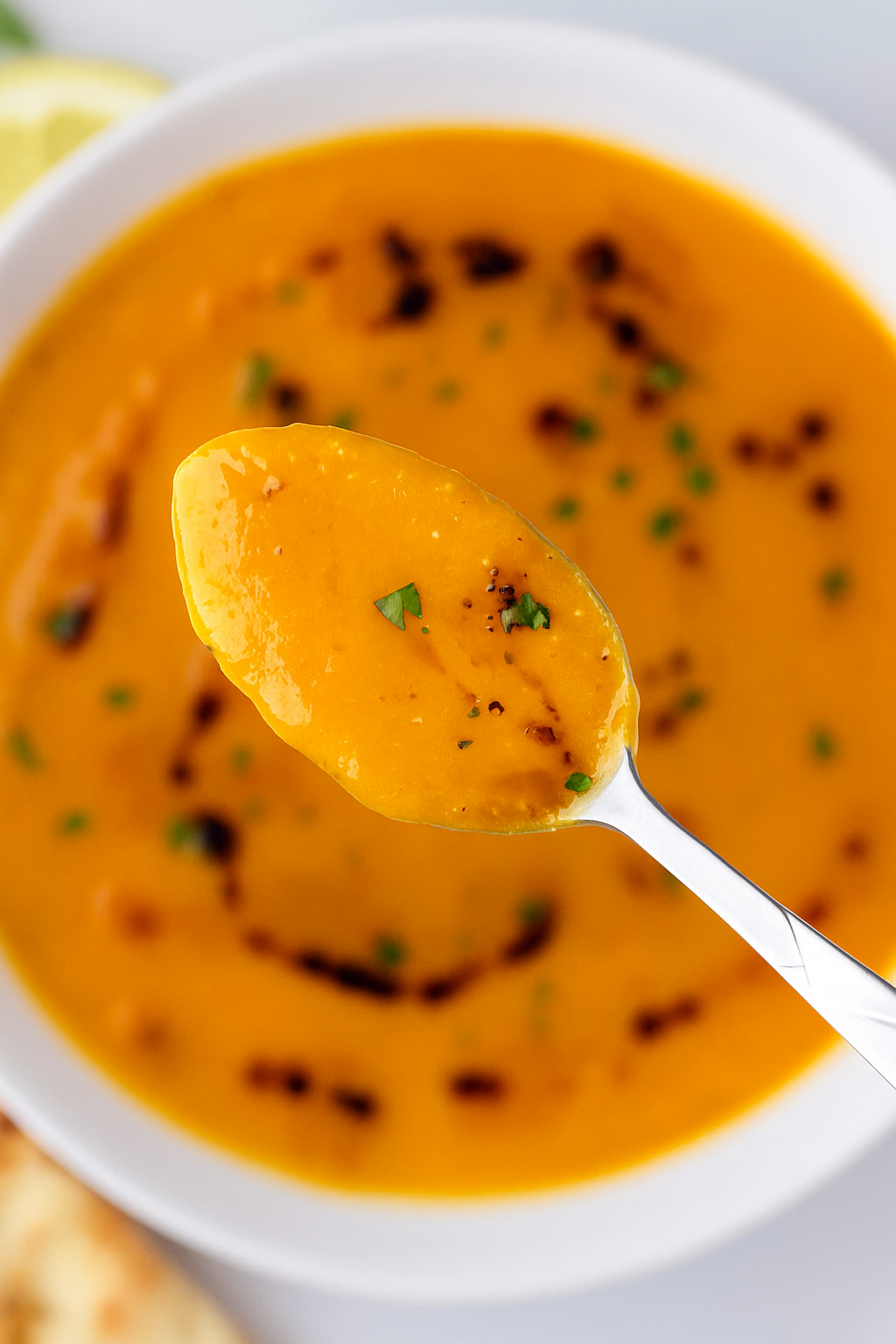 A warm bowl of creamy high protein Turkish lentil soup made with red lentils, carrots, and spices, topped with a drizzle of olive oil and fresh herbs, served in a white bowl on a cozy kitchen table