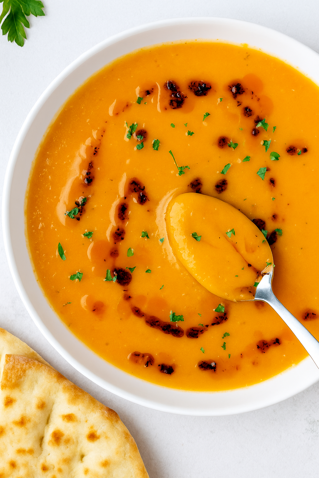 Creamy high protein Turkish lentil soup in a white bowl, made with red lentils and spices, garnished with herbs and olive oil, perfect for a cozy healthy meal.