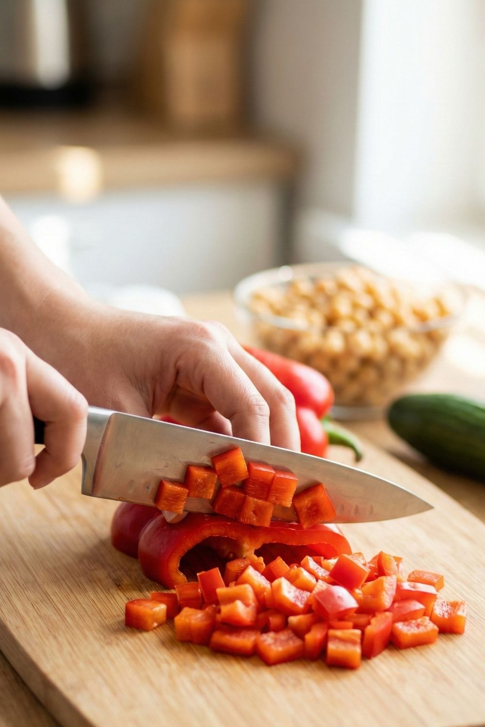 Close up of hands dicing red bell peppers and cucumbers on a wooden cutting board for high protein lunch prep