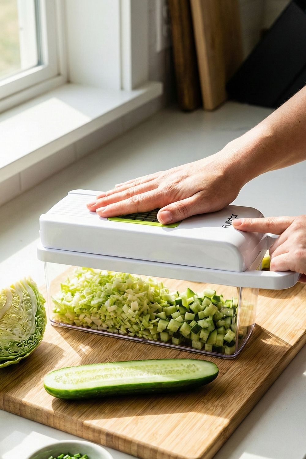 Hands using a white vegetable chopper to finely dice green cabbage and cucumbers for a high protein green goddess salad recipe.
