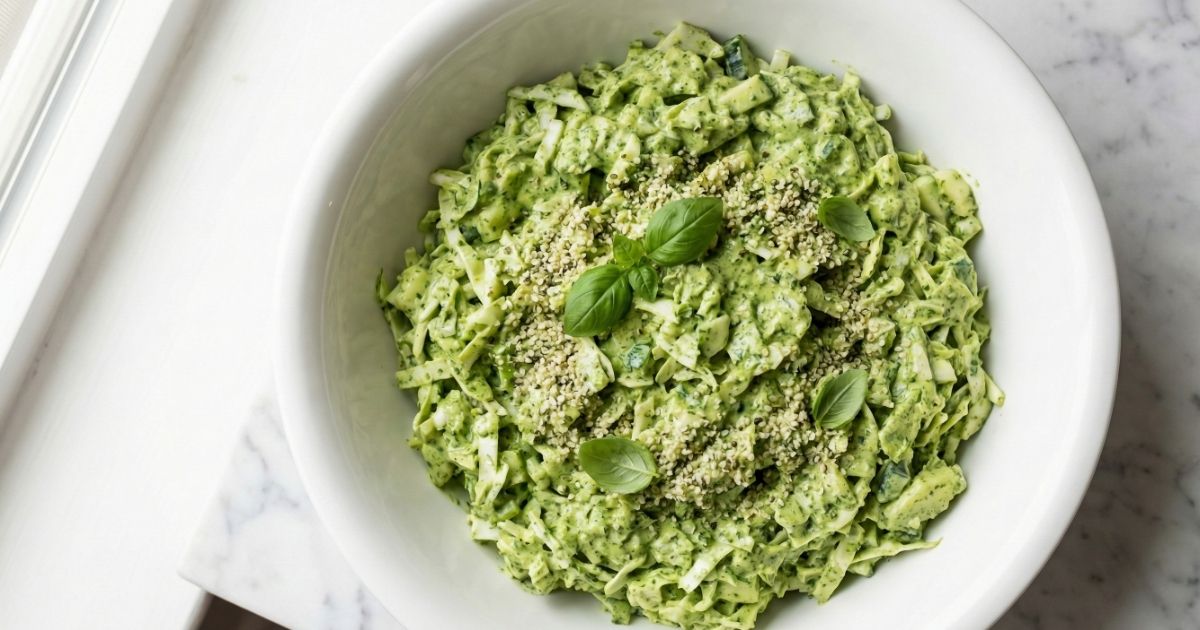 A white bowl filled with viral Green Goddess Salad with a high protein cottage cheese twist, topped with hemp seeds.