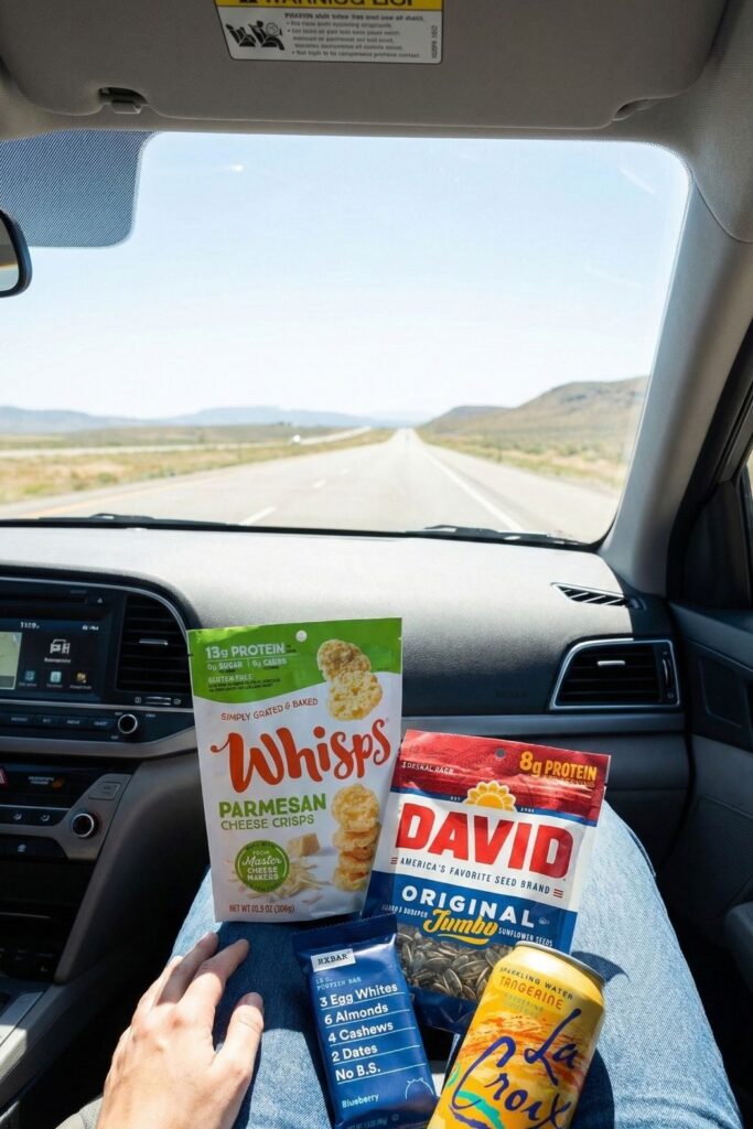 Woman holding a variety of healthy gas station snacks like Whisps and David Seeds on her lap while riding in the passenger seat during a road trip.