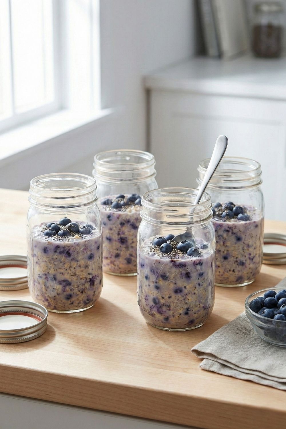 Four glass mason jars filled with gluten-free overnight oats and topped with fresh berries, sitting on a wooden student desk next to a laptop and study notes, representing a cheap no-cook dorm breakfast.
