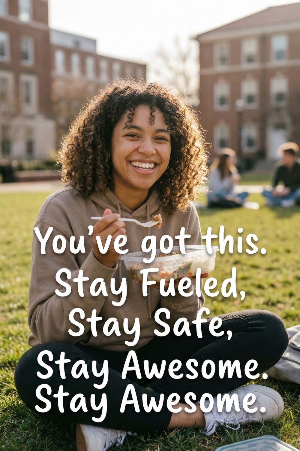 Happy college student sitting on the campus grass eating a healthy meal from a reusable container with text overlay that reads You've got this Stay Fueled Stay Safe Stay Awesome.