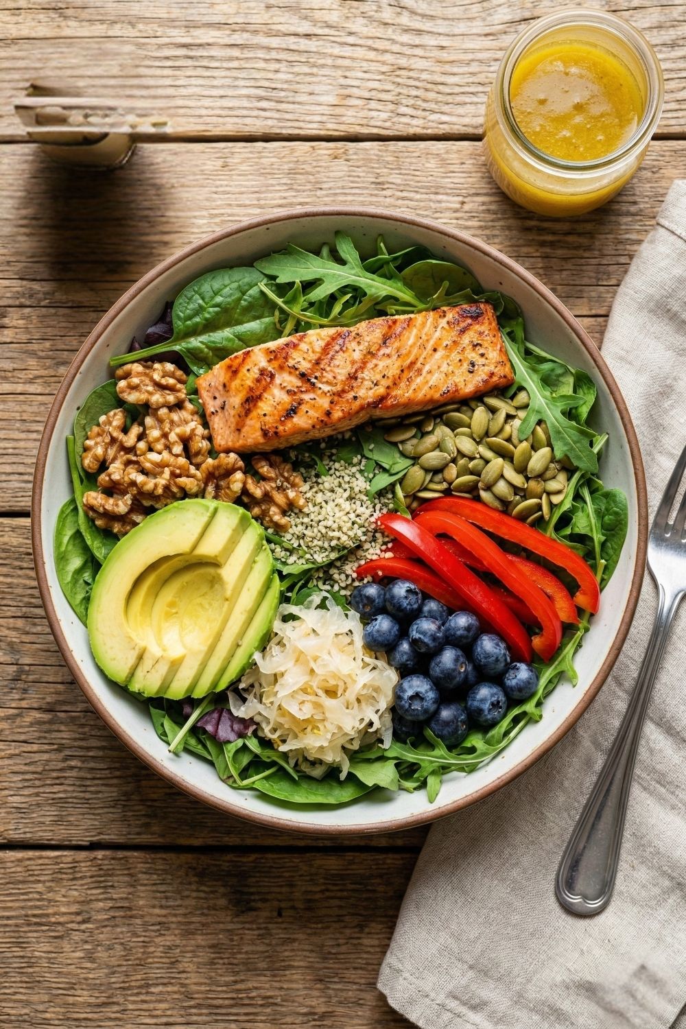 Top-down view of a high-protein Glow-Up Salad bowl featuring grilled salmon, sliced avocado, walnuts, pumpkin seeds, blueberries, and sauerkraut on a bed of dark leafy greens.