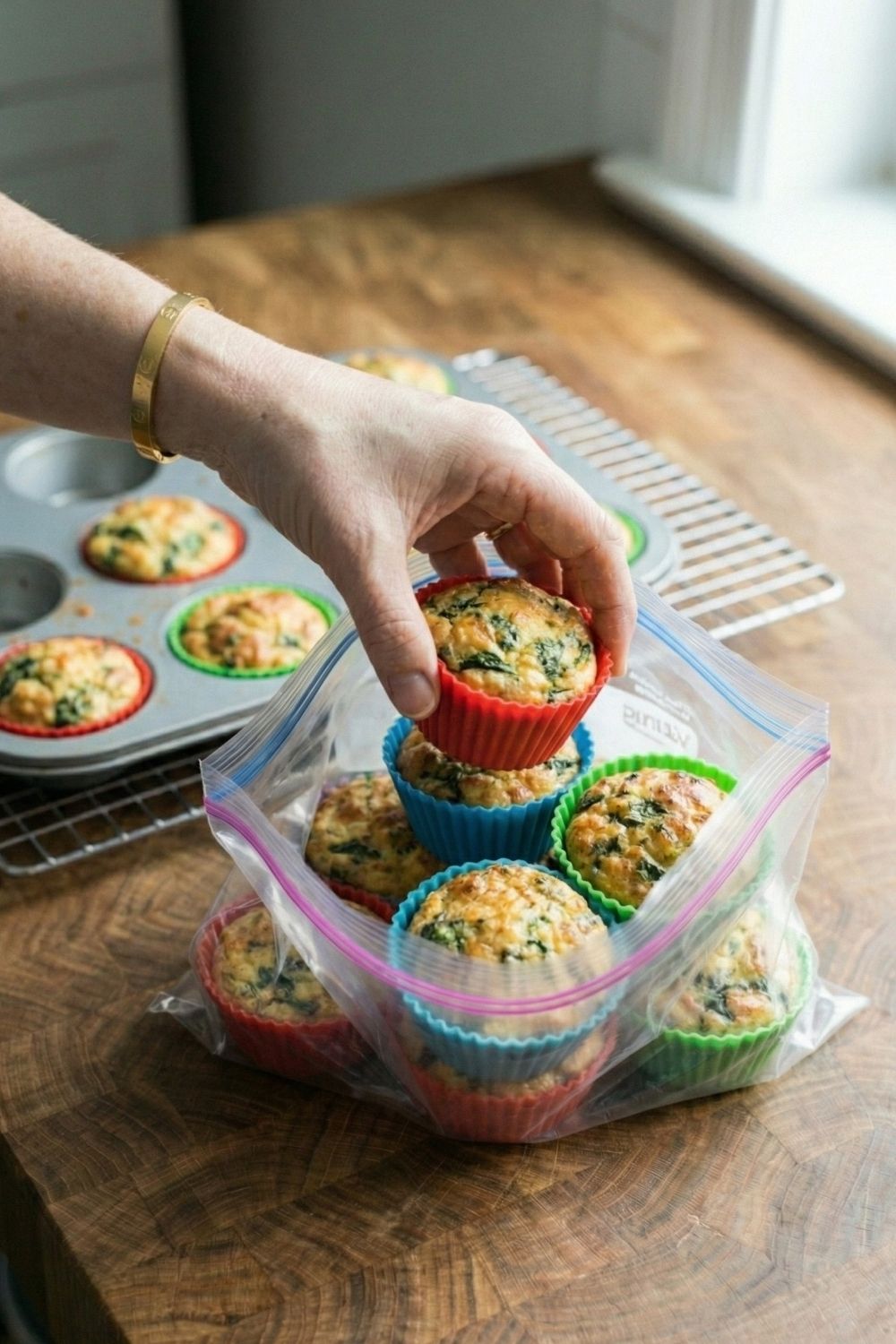 Savory cottage cheese and egg muffins in silicone liners packed in a clear baggie. A gluten-free, low-carb breakfast meal prep for carry-on travel.