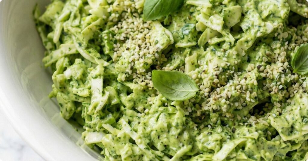 Close up texture shot of finely chopped green cabbage salad coated in creamy green dressing, showing the scoopable consistency.