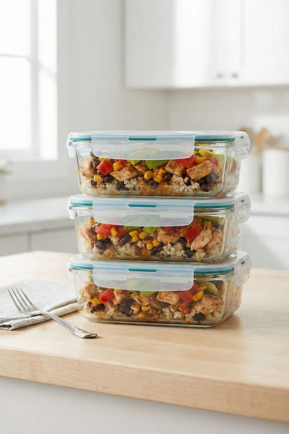 Glass meal prep containers filled with gluten-free burrito bowls containing white rice, black beans, corn, and shredded rotisserie chicken, arranged on a desk for a quick microwaveable college lunch.
