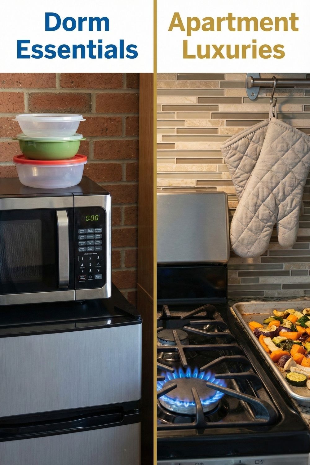 A split infographic comparison for student kitchens; the left side shows Dorm Essentials like a microwave and mini-fridge, and the right side shows Apartment Luxuries like a stove burner and sheet pan.