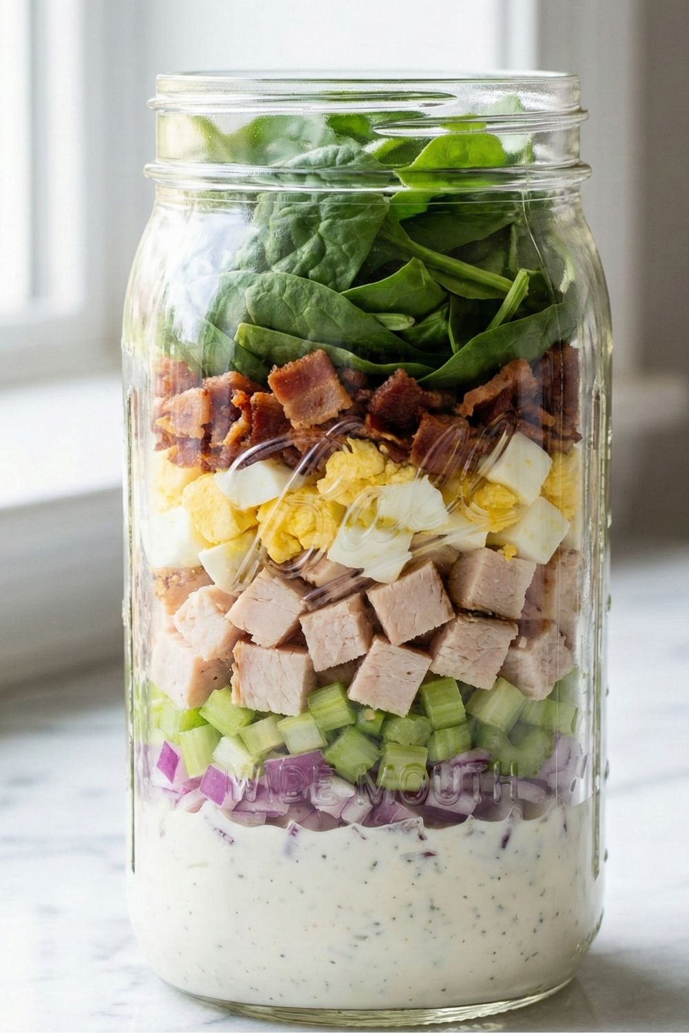 Turkey Cobb mason jar salad showing layers of yogurt ranch, diced turkey breast, hard-boiled eggs, and spinach for a low-carb lunch idea.