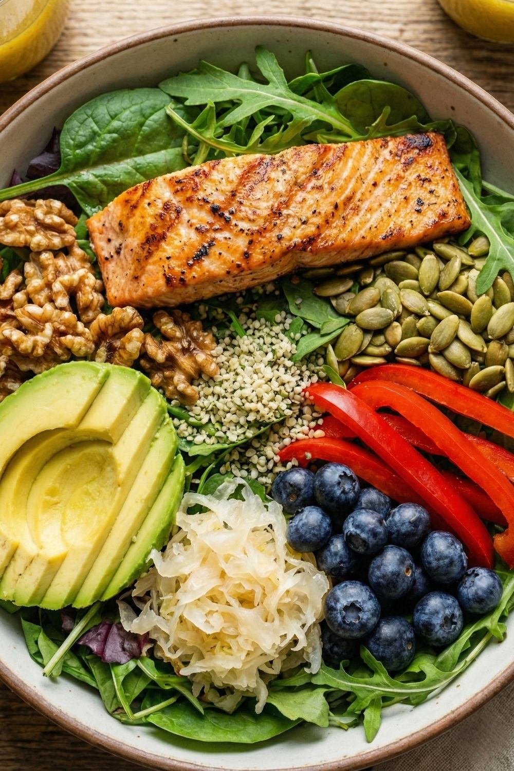 Close-up detail of grilled salmon fillet and fresh avocado slices in a nutrient-dense salad designed for clear skin and gut health.