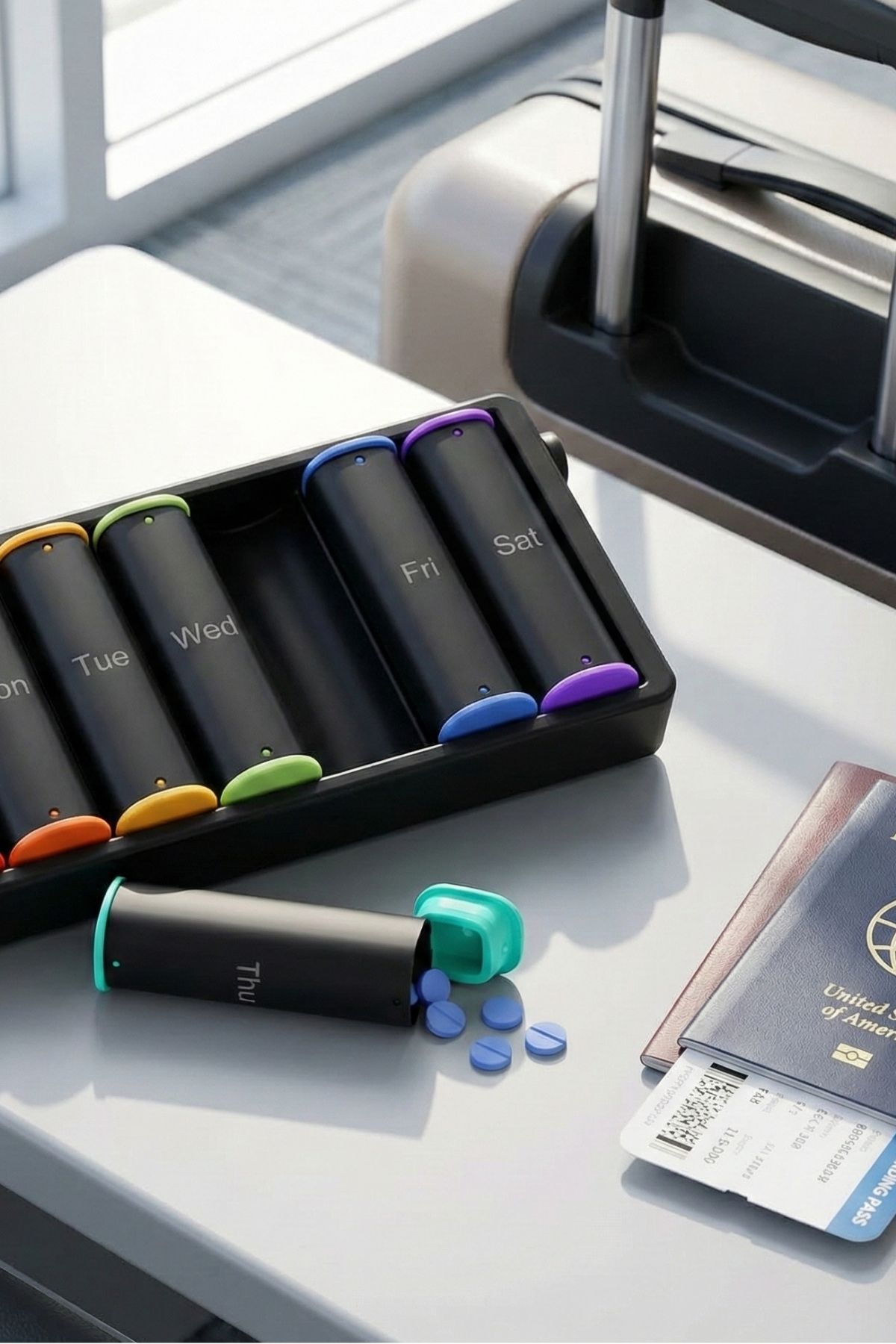 Black weekly travel pill organizer filled with supplements to maintain gut health on long flights.