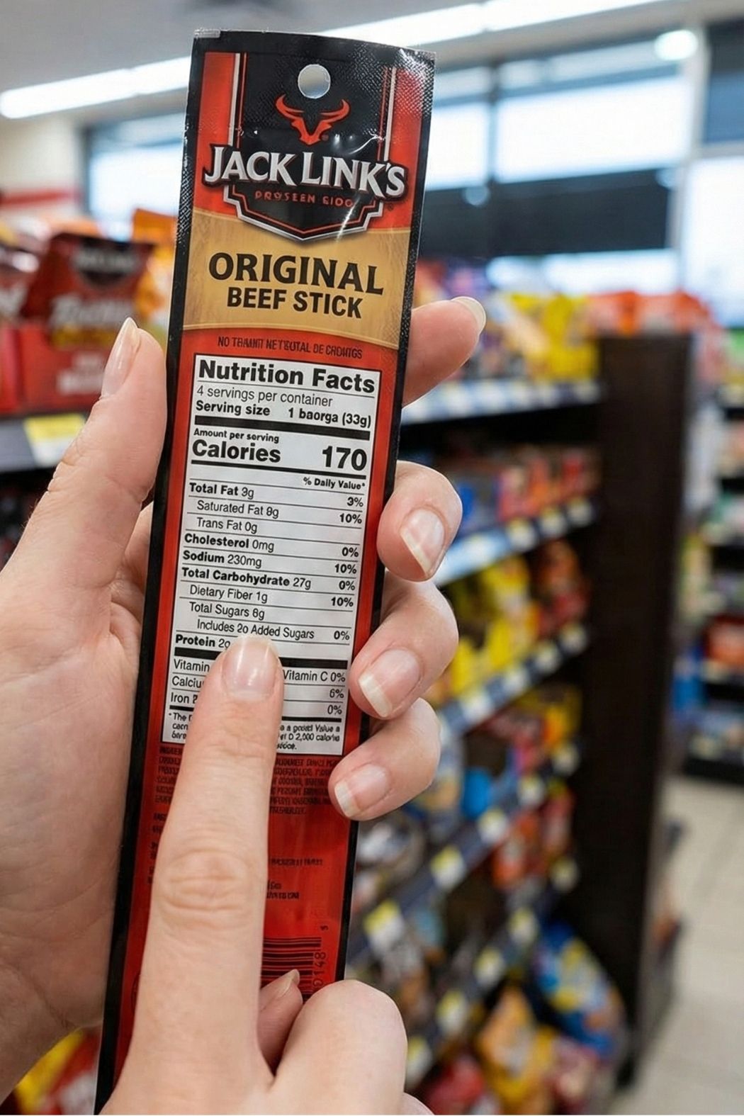 Woman's hand pointing to the nutrition facts label on a snack package to check for sugar and protein content while shopping.