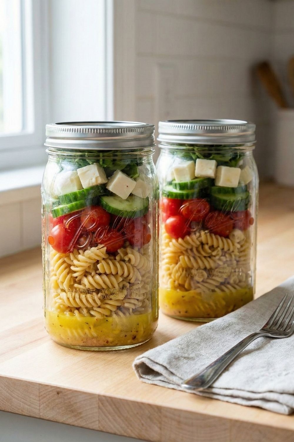 Gluten-free pasta salad layered in tall glass jars with cherry tomatoes, cucumbers, and dressing sitting on a study desk, a perfect portable lunch idea for students without access to a microwave.