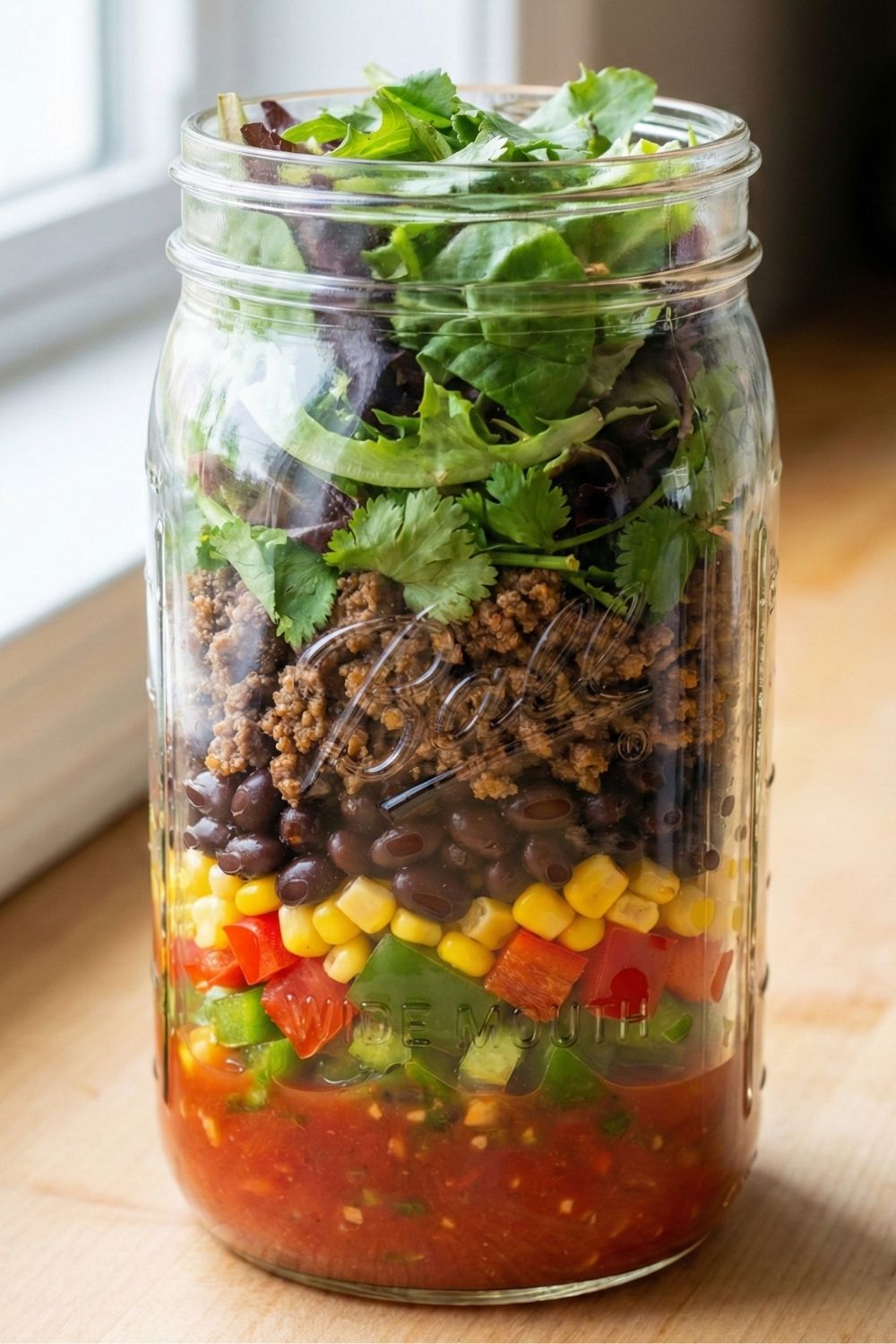 Southwest taco salad in a mason jar with layers of seasoned ground beef, black beans, corn, and salsa for a high-protein work lunch.