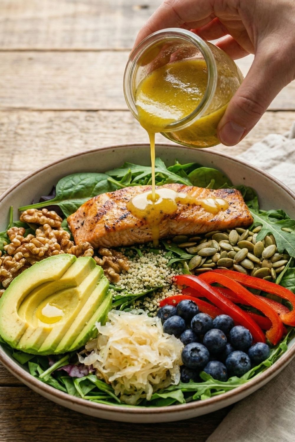 A colorful, high-protein lunch bowl packed with antioxidants and healthy fats, ready to eat for a skin-boosting meal.
