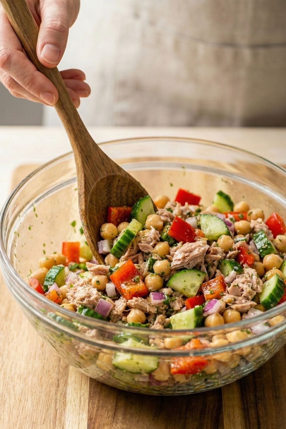 Pouring homemade lemon oregano vinaigrette dressing over the Mediterranean tuna and chickpea salad mixture