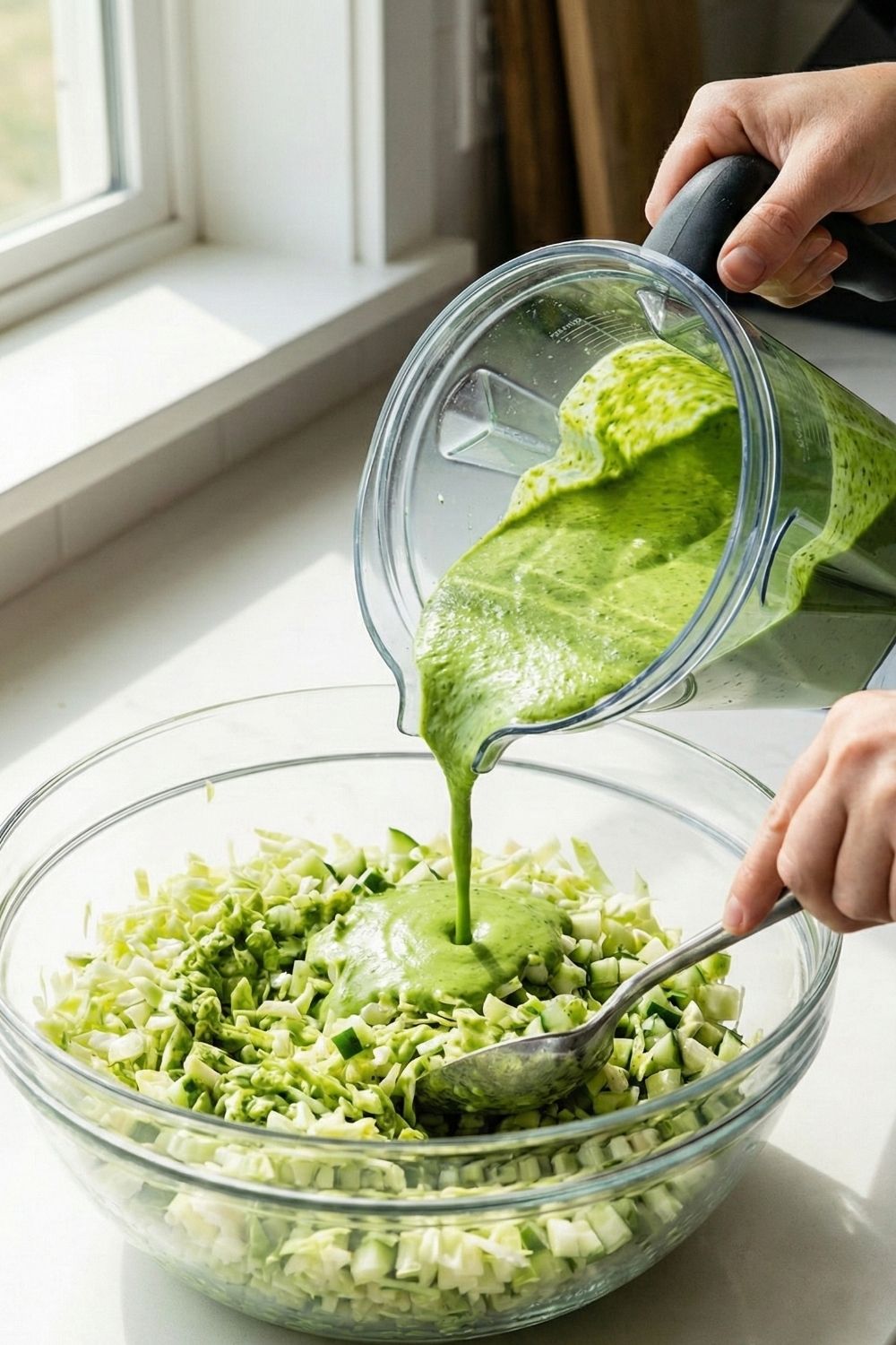 Pouring creamy high protein green goddess dressing over a large bowl of finely chopped cabbage and cucumbers.
