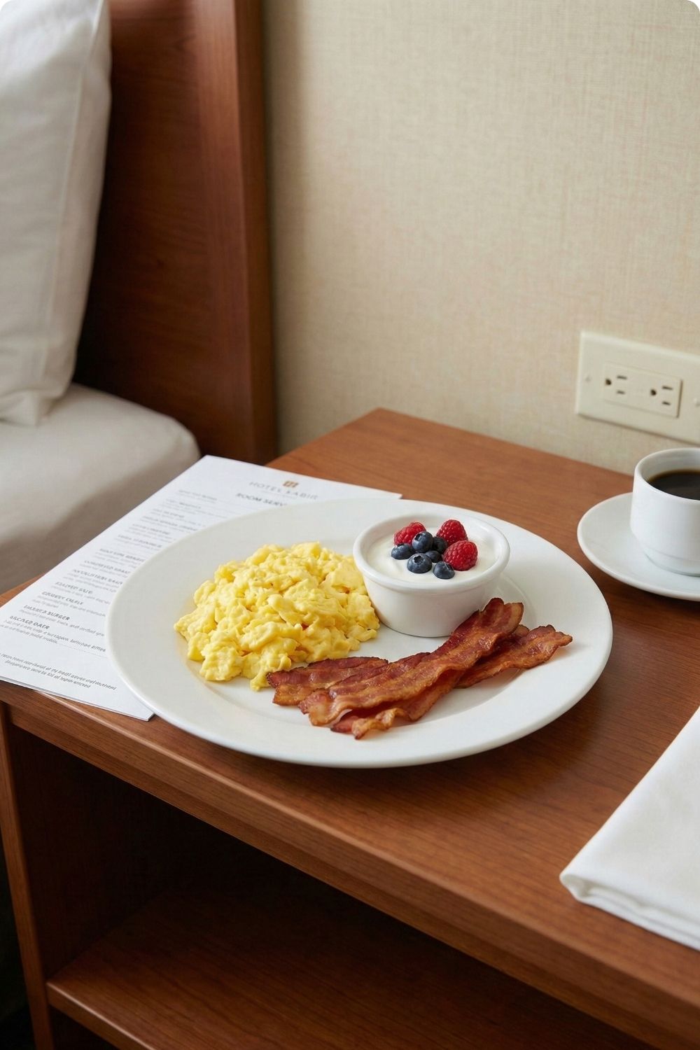 Keto friendly hotel breakfast plate with scrambled eggs, bacon, and plain Greek yogurt with berries.