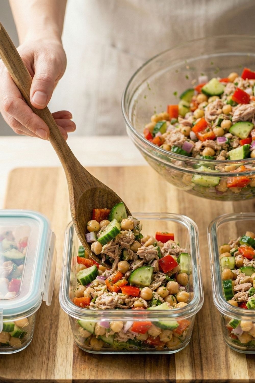Portioning the high protein tuna salad into glass meal prep containers for the work week.