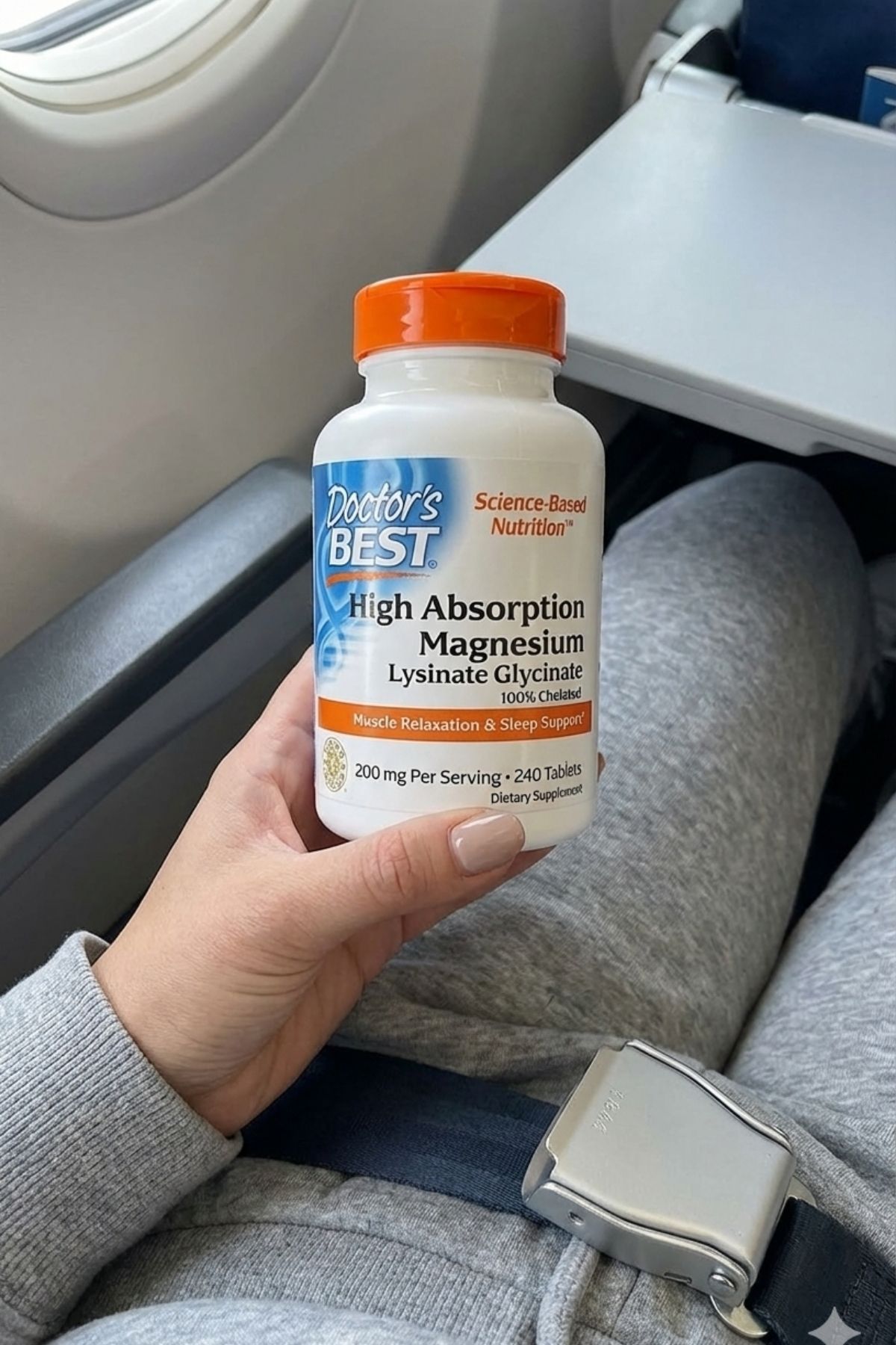 Doctor's Best High Absorption Magnesium Glycinate bottle for muscle relaxation and sleep support during travel.