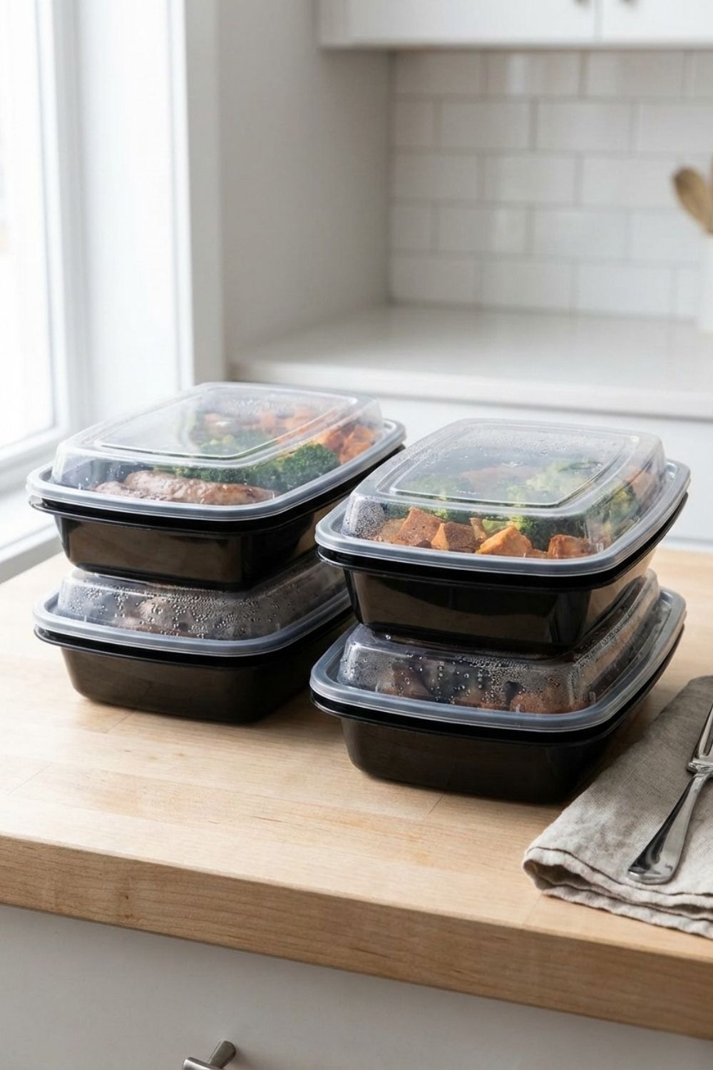 Four meal prep containers filled with roasted chicken sausage, sweet potatoes, and broccoli displayed on a wooden desk next to a laptop, representing a healthy and easy gluten-free dinner for college students.
