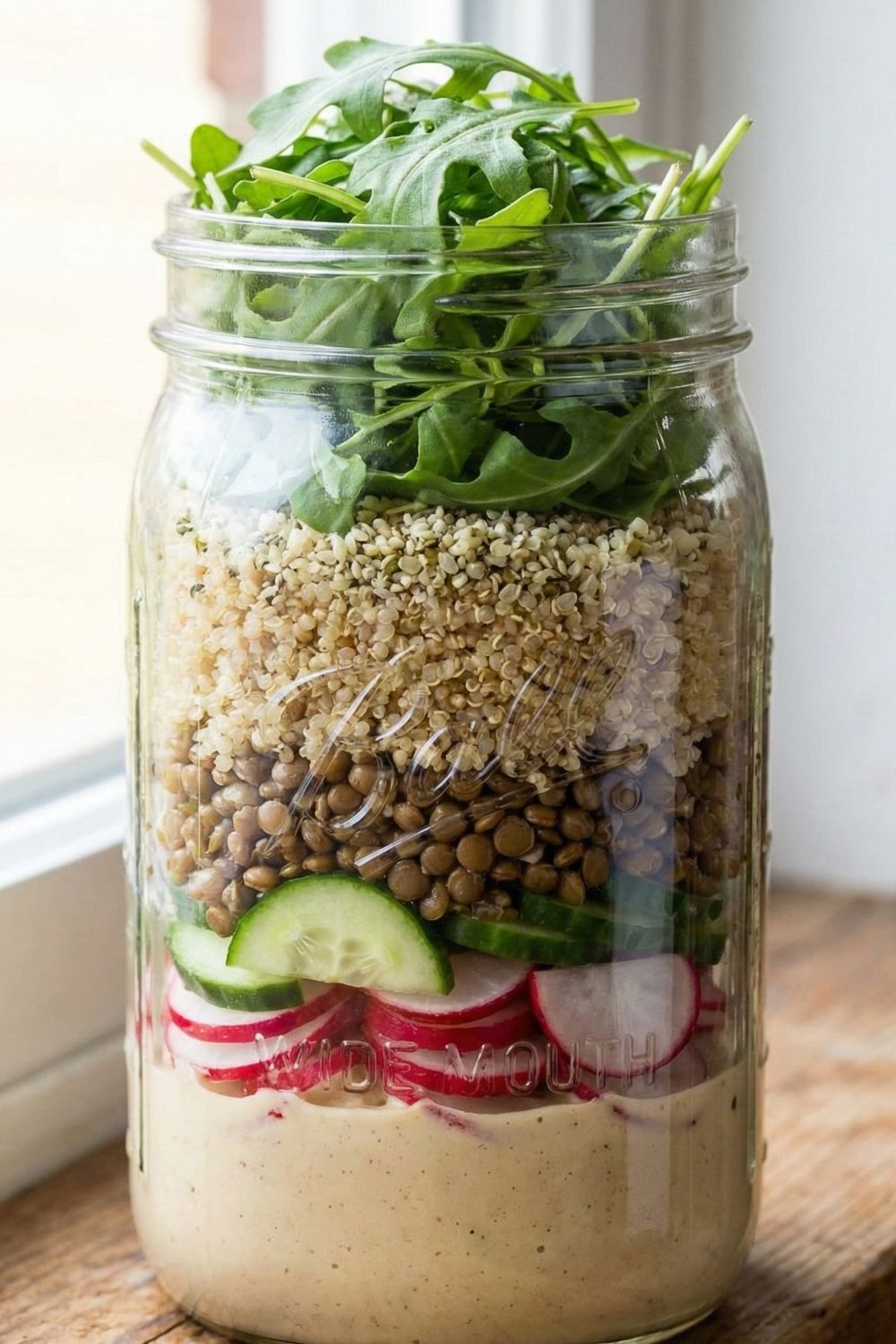 Vegetarian high-protein mason jar salad with cooked lentils, fluffy quinoa, and fresh radishes layered for a fiber-rich plant-based meal.