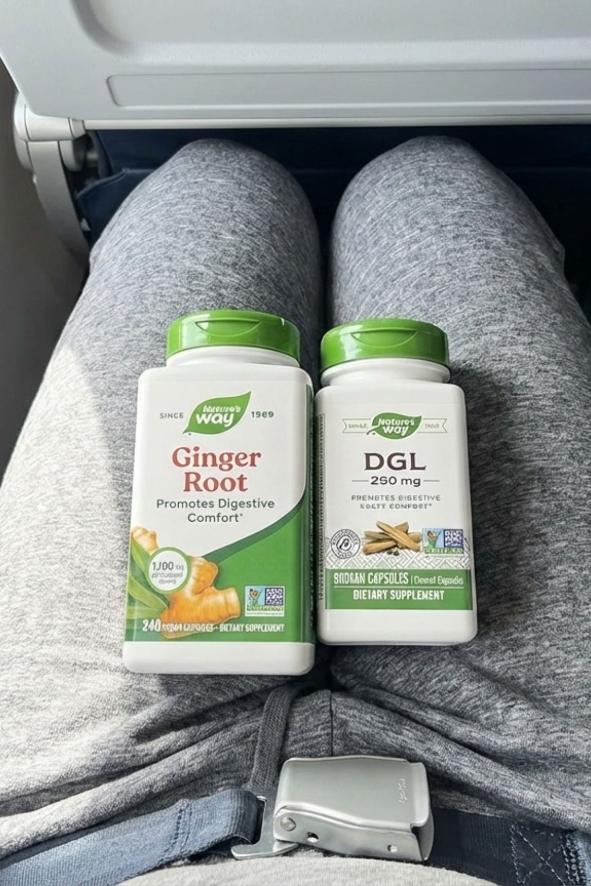 Nature's Way Ginger Root and DGL chewable supplements on lap for natural relief from travel nausea and heartburn.