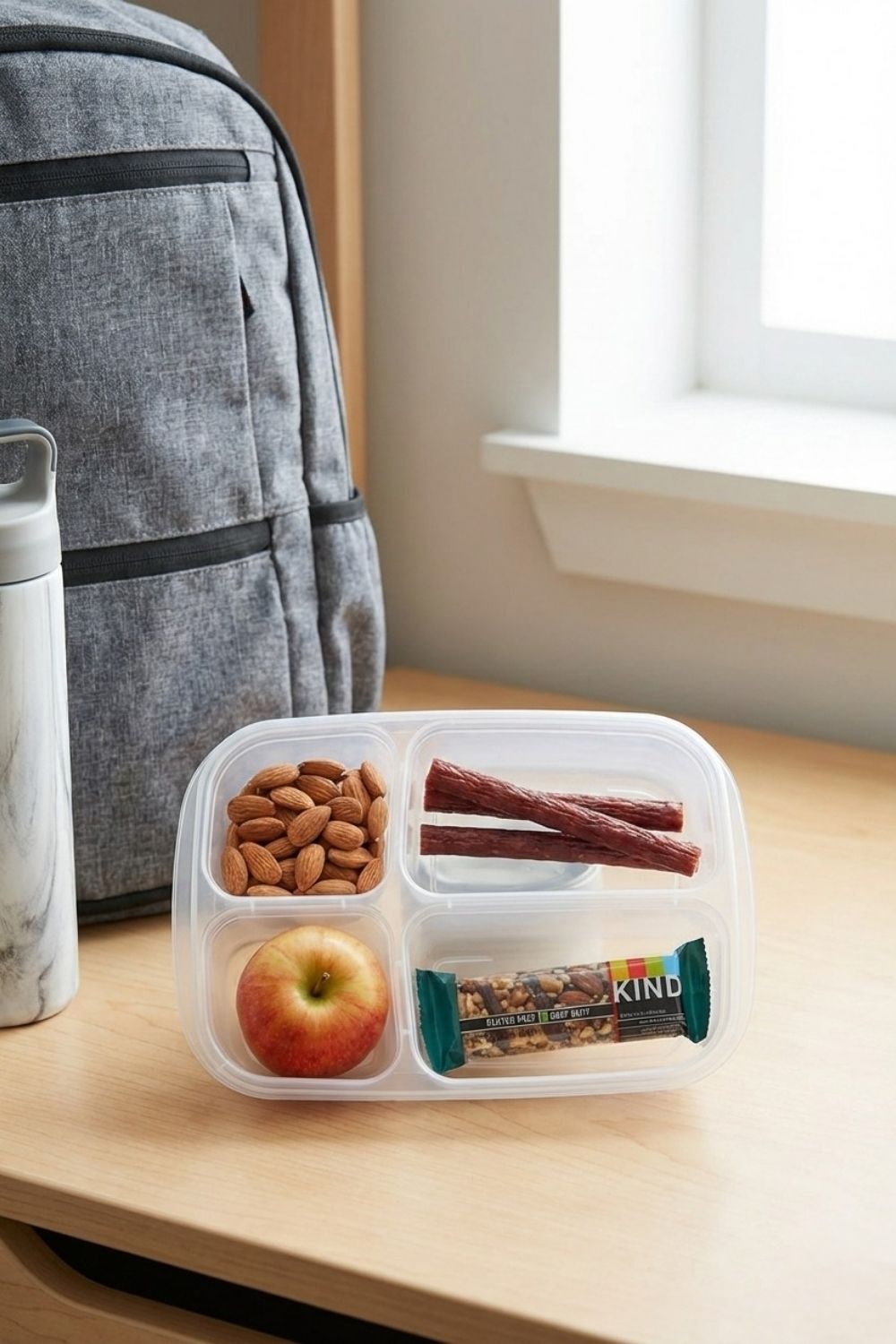 A clear bento box filled with portable gluten-free snacks including almonds, fresh berries, and protein, sitting on a desk next to textbooks as a healthy study snack idea.