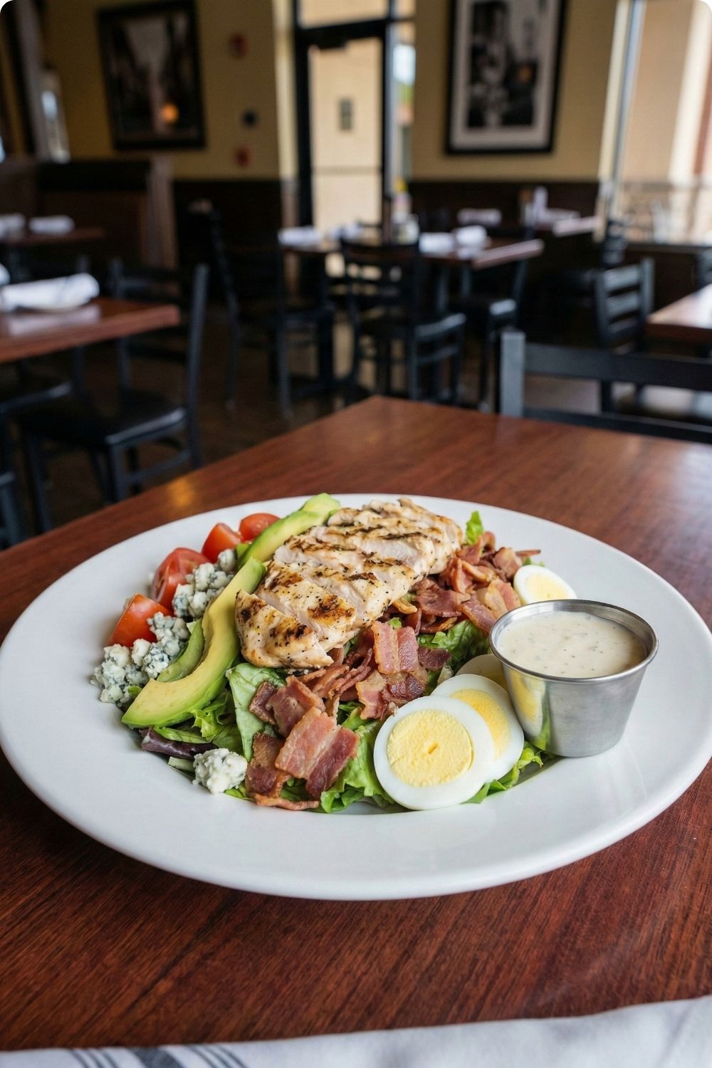 Low carb restaurant order showing a chicken Cobb salad with dressing served on the side.