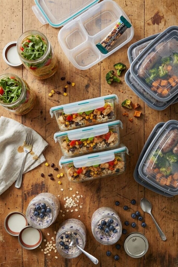 Top-down view of an organized college desk with a laptop, open textbooks, and stacked glass meal prep containers filled with healthy gluten-free food, featuring a sticky note that says GF College Survival Mode.
