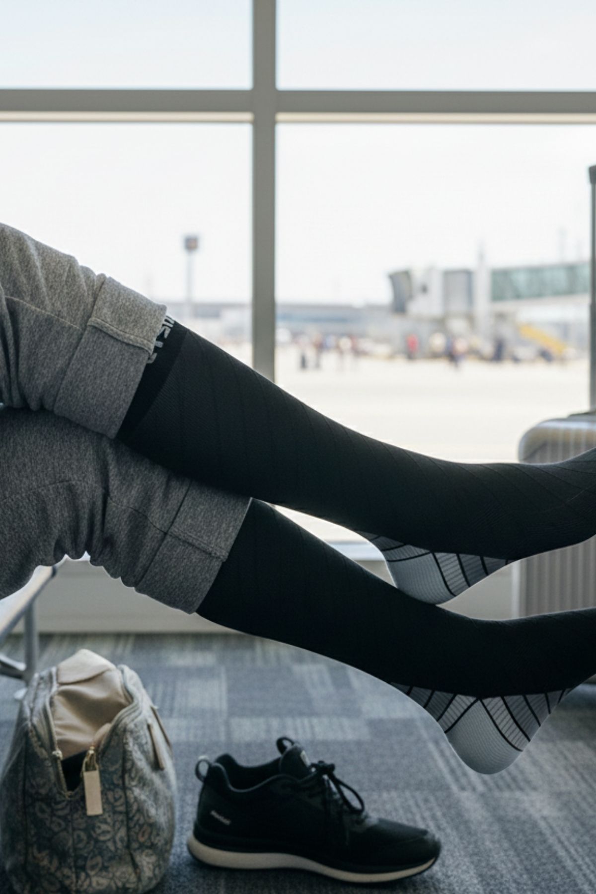 Traveler showing Physix Gear compression socks outside the airport to prevent leg swelling and improve circulation on long haul flights.