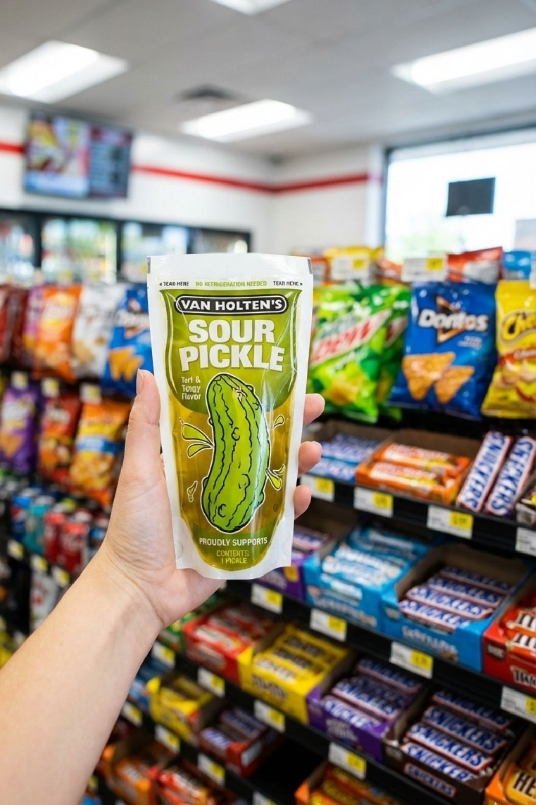 Hand holding a Van Holten’s Pickle in a Pouch inside a car, a zero calorie and keto friendly convenience store snack.