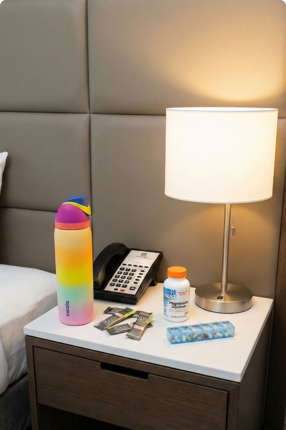 Travel wellness kit on hotel nightstand including Owala water bottle, LMNT electrolyte packets, and magnesium supplements.