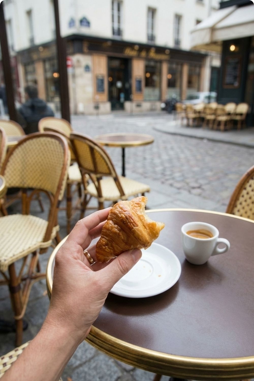 Practicing the one bite rule with a small croissant and espresso at a cafe while traveling.