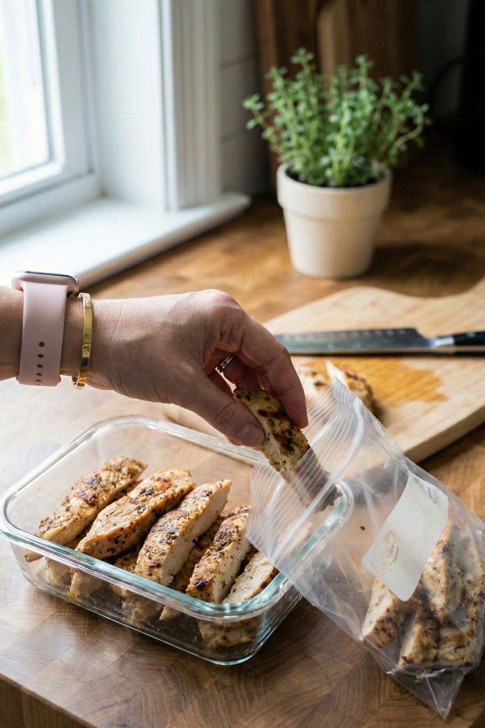 Homemade pre-cooked chicken breast strips packed in a container. A clean eating, high-protein lunch idea for flying.