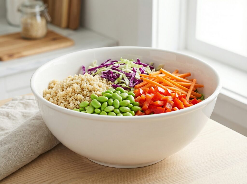 A large white ceramic mixing bowl filled with separate sections of cooked quinoa, edamame, shredded purple and green cabbage, shredded carrots, and diced red peppers, ready to be tossed.