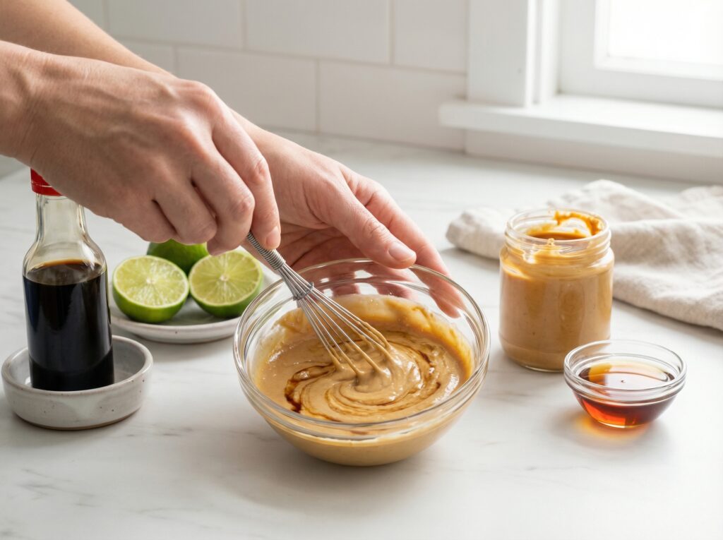 A close-up photograph of hands using a small metal whisk to mix a creamy, brown peanut dressing in a clear glass bowl, with bottles of tamari and lime halves visible in the background.
