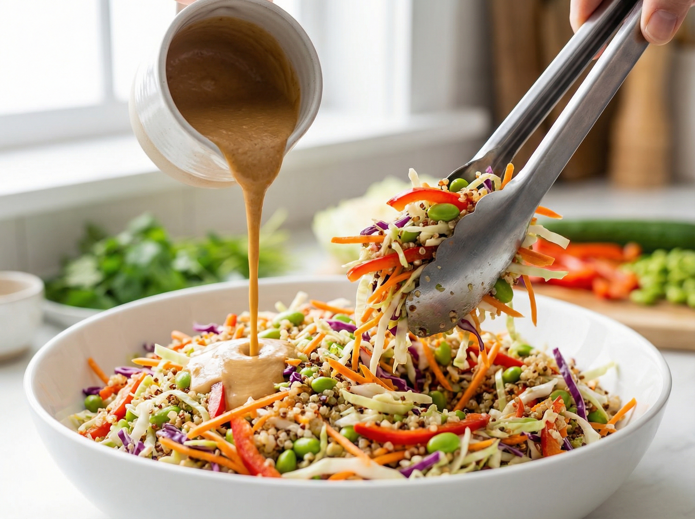 A dynamic photograph showing a creamy peanut dressing being poured from a small pitcher onto a large bowl of colorful salad ingredients, while a pair of metal tongs is lifting and tossing the mixture.